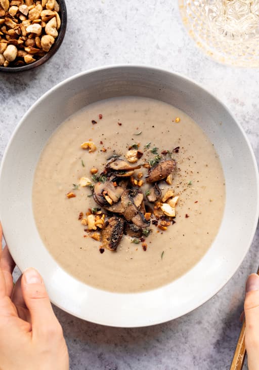 Vegan Chestnut Soup with roasted Mushrooms and spicy Nut Topping