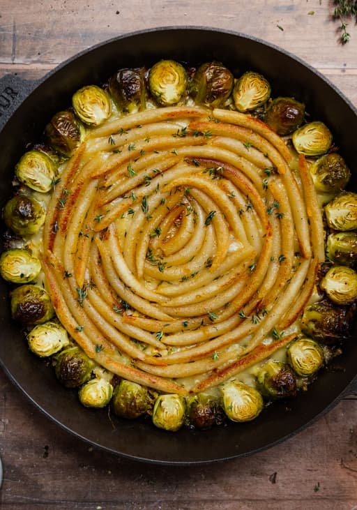 Vegan Potato Dumpling Casserole with Brussels Sprouts & "Minced Meat"