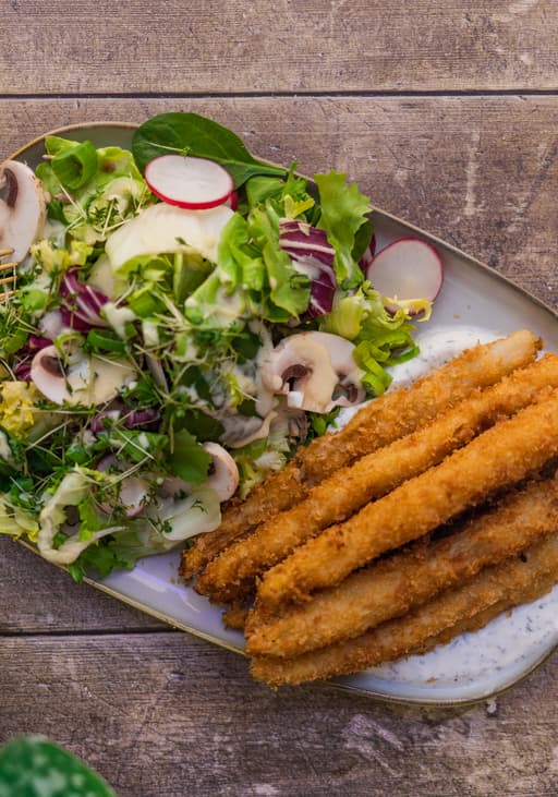 Fried Asparagus with Spring Salad and Sauce Hollandaise Dressing