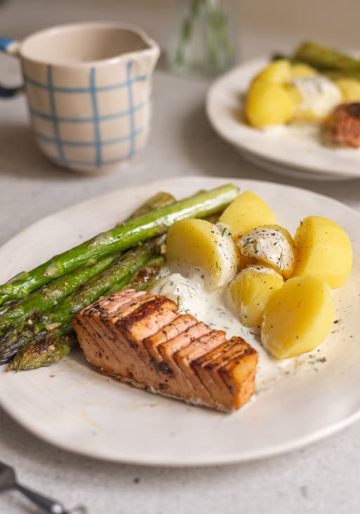 Vegan Tofu Salmon with Sautéed Asparagus, Potatoes, and Creamy Herb Sauce