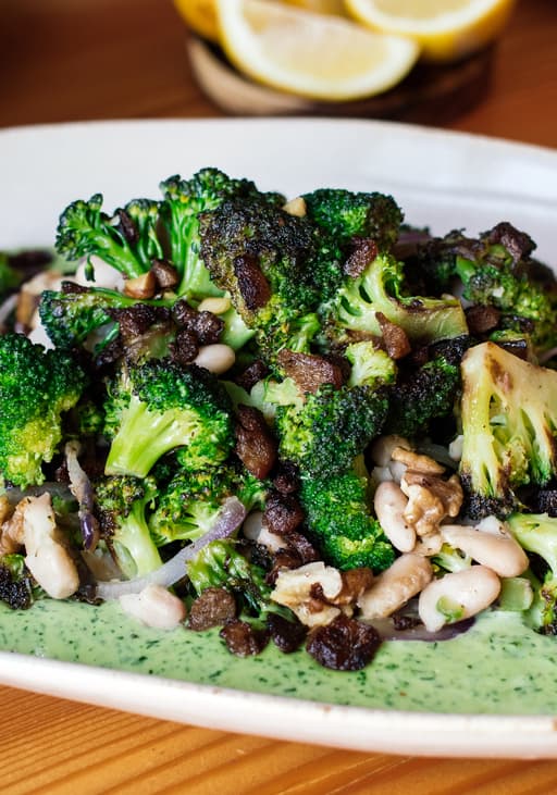 Roasted Broccoli Salad with Green Aioli Dressing