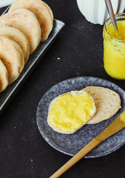 Vegan english muffins with lemon curd