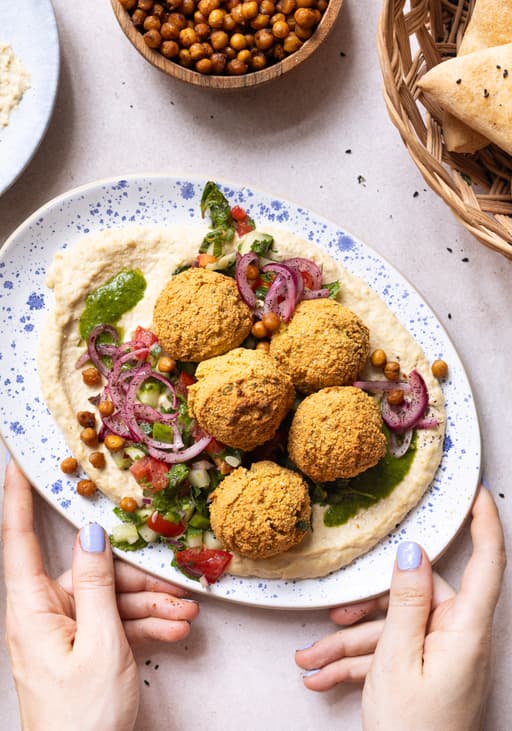 Vegan Falafel Platter with Flatbread and Homemade Hummus
