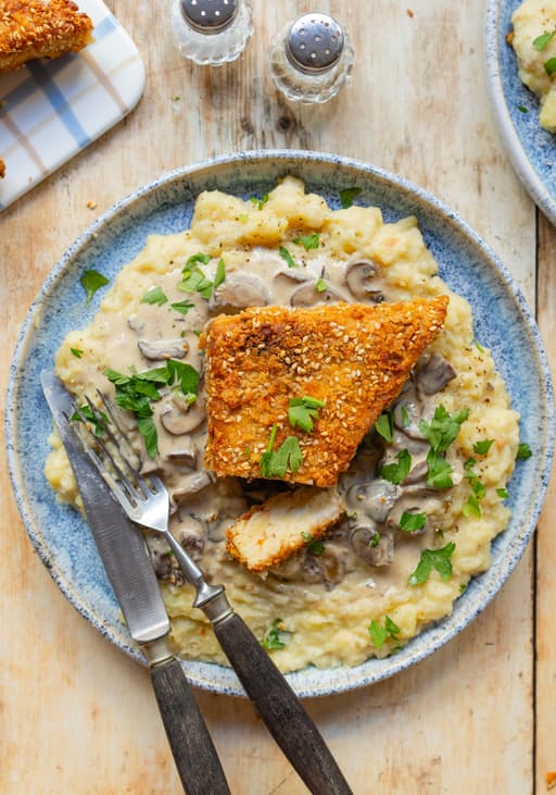 Crispy Tempeh Schnitzel with Potato-Parsnip Mash and Mushroom Gravy