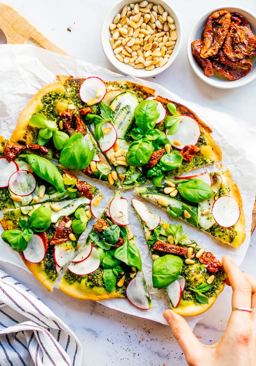 Vegan Spring Greens Pesto Pizza