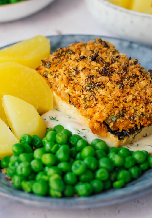 Herb Crusted Tofu with Lemon Mustard Sauce, Boiled Potatoes, and Peas