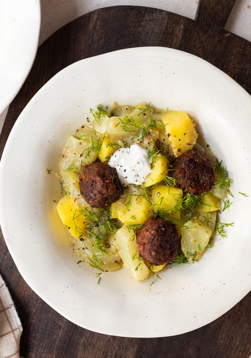 Stewed Cucumbers with Potatoes and Plant-Based Meatballs