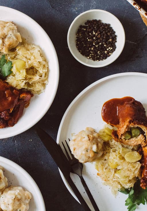 Stuffed soy steaks with dumplings & sauerkraut