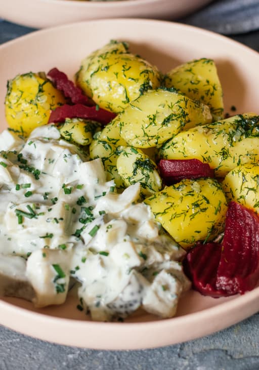 Vegan Eggplant Herring in Cream Sauce with Dill Potatoes