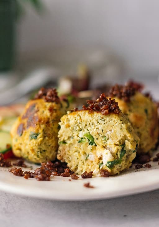Tofu Spinach Dumplings with Salad and Crispy Pumpernickel Breadcrumbs