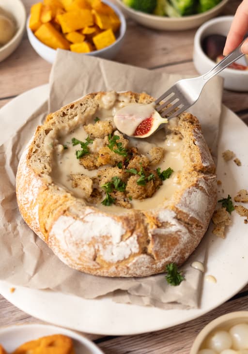 Vegan Cheese Fondue from Bread with Crunchy Topping