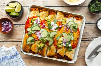 Vegan Enchiladas with Sweet Potato and Plant-Based Chicken Filling