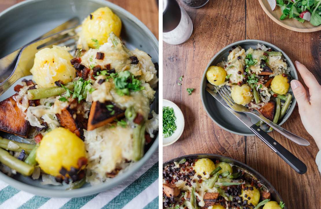 R813 Vegan Potato Dumpling Casserole with Meatloaf and Sauerkraut