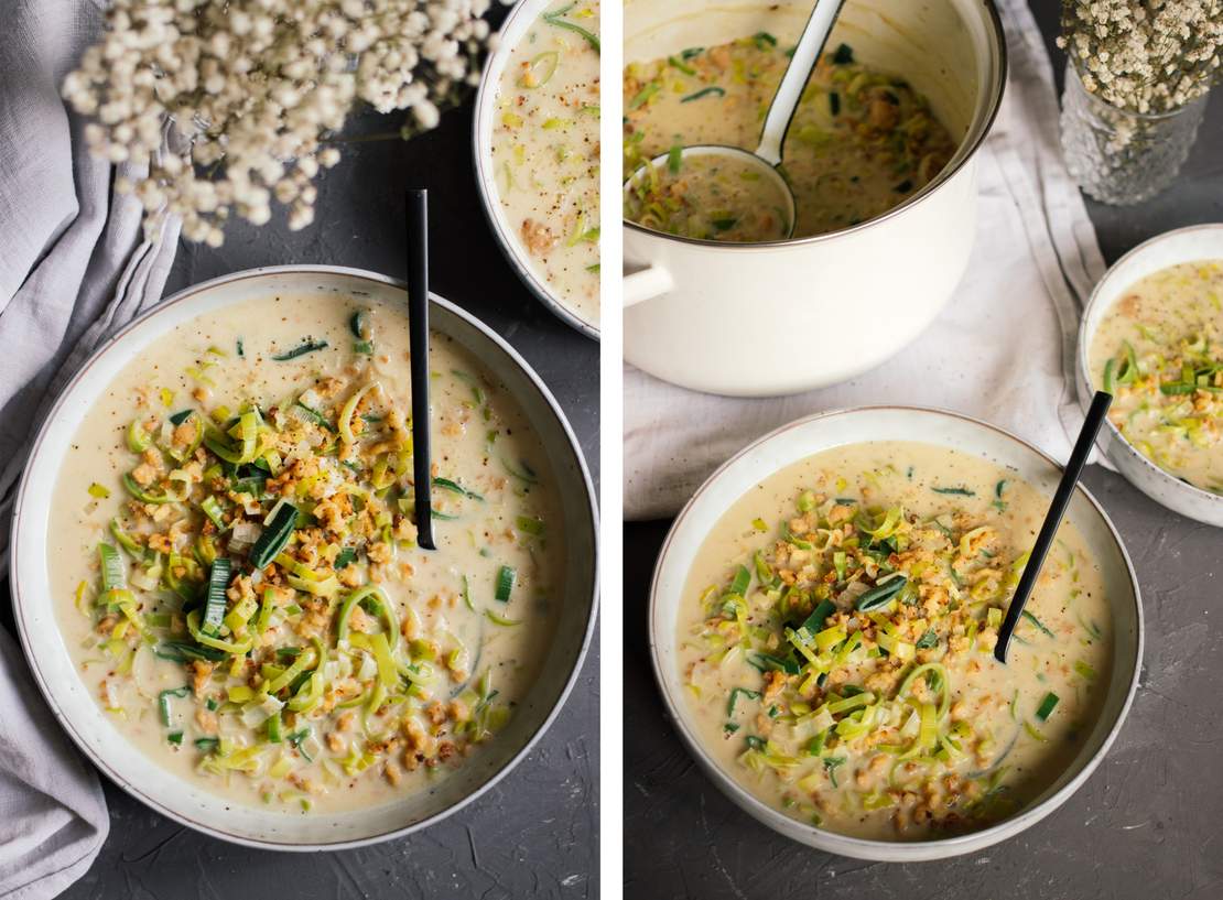 R347 Vegane Käse-Lauch-Suppe mit Sojahack