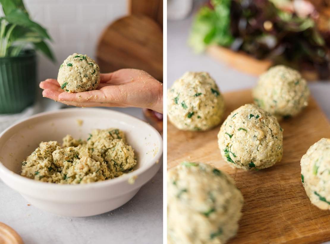 R840 Vegan Spinach Tofu Bread Dumplings on Salad