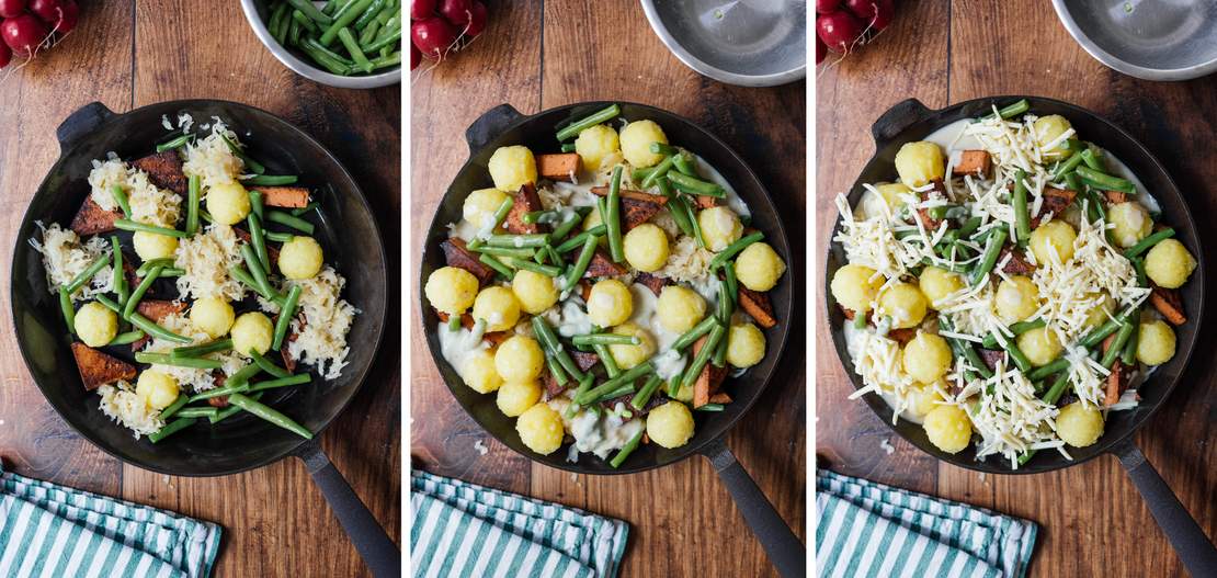 R813 Veganer Knödelauflauf mit Leberkäse und Sauerkraut