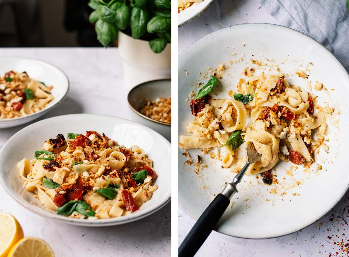 R605 Pasta mit cremiger Soße aus weißen Bohnen und knusprigem Panko-Topping