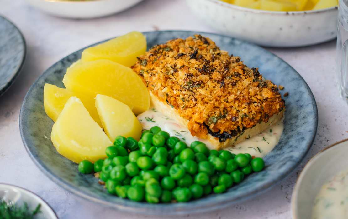 Tofu à la Bordelaise mit Zitronen-Senf-Soße, Kartoffeln und Erbsen