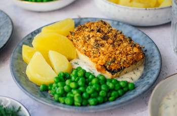 Herb Crusted Tofu with Lemon Mustard Sauce, Boiled Potatoes, and Peas