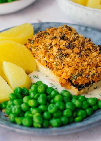 Herb Crusted Tofu with Lemon Mustard Sauce, Boiled Potatoes, and Peas
