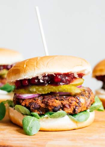 Vegan Burger with black bean patty & lingonberries