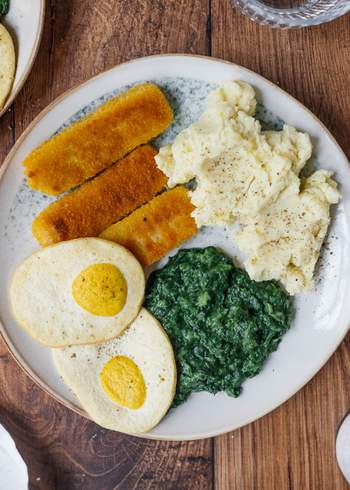 Mashed Potatoes with Creamed Spinach and Vegan Fried Eggs