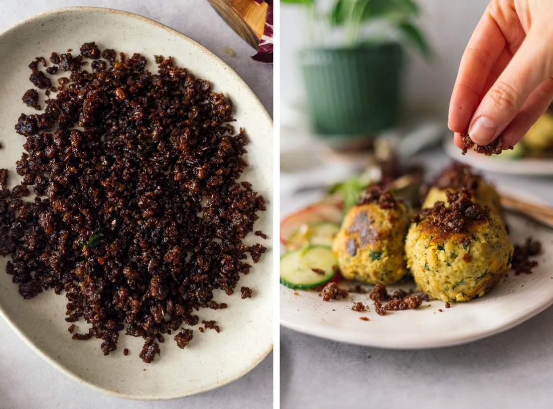 R840 Spinat-Tofu-Knödel mit knusprigem Topping und Salat