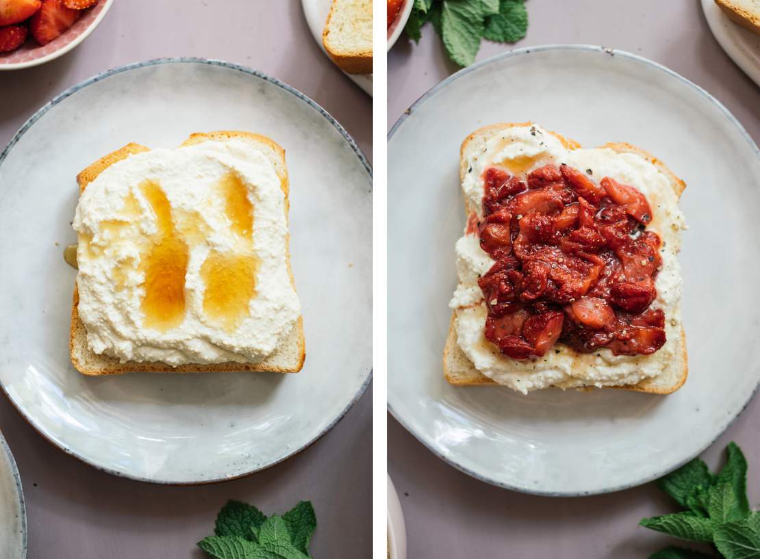 R525 Frühstückstoasts mit veganem Ricotta und gebackenen Erdbeeren