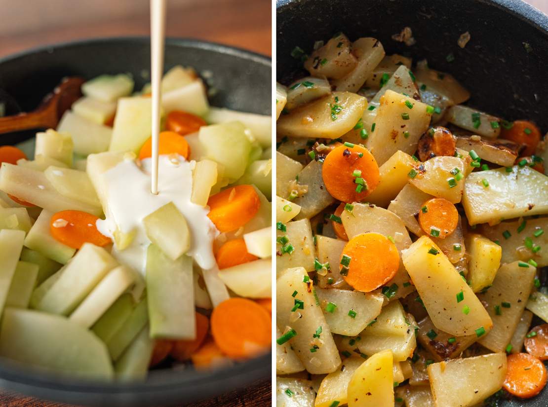 R904 Vegane Frikadellen mit Kartoffeln und Kohlrabi-Möhren-Gemüse wie bei Oma