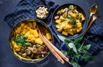 Vegan Pumpkin Mac and Cheese with Baked Brussels Sprouts