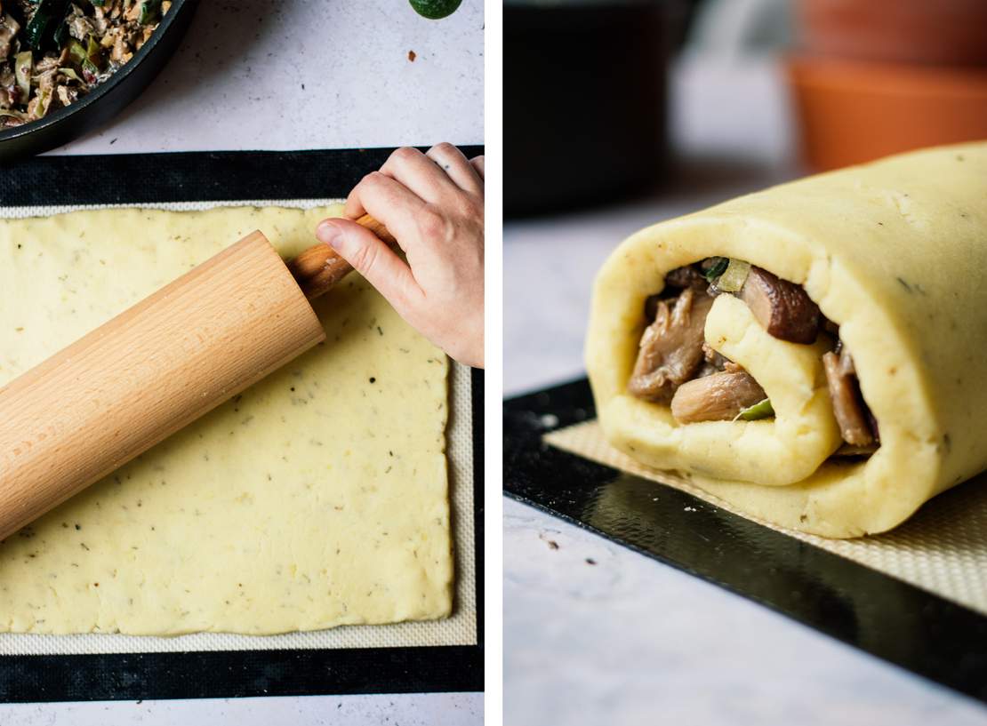 R551 Vegan Potato Roll with Mushroom and Nut Filling and Vegan Cream Sauce