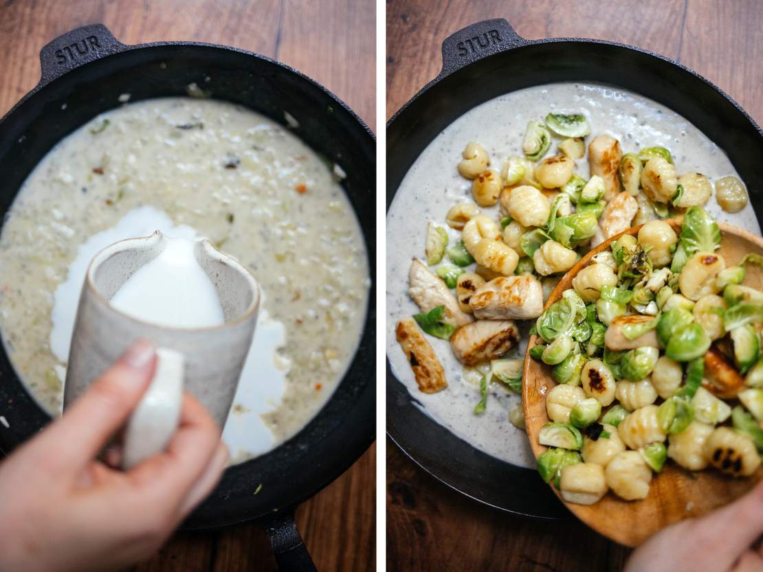 R804 Gnocchi-Pfanne mit Rosenkohl und veganen Filets