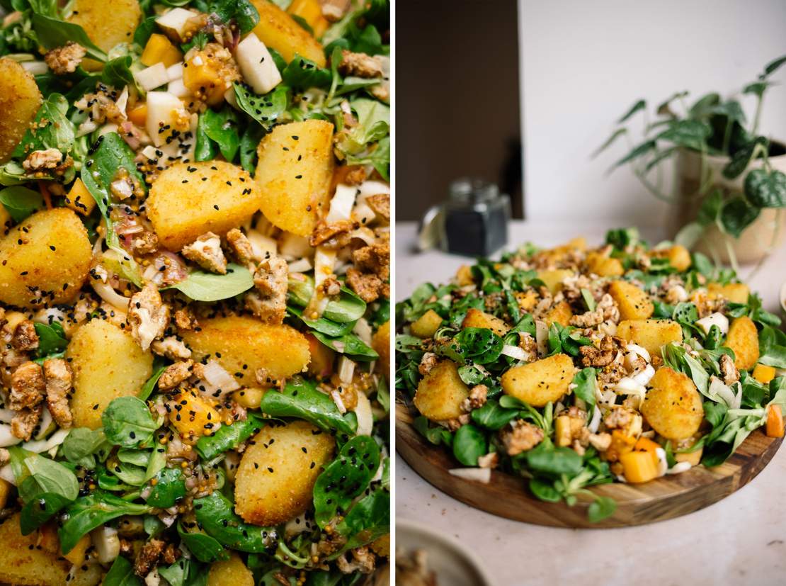 R691 Chicorée-Feldsalat mit Birne, Kaki und Knödel-Croûtons