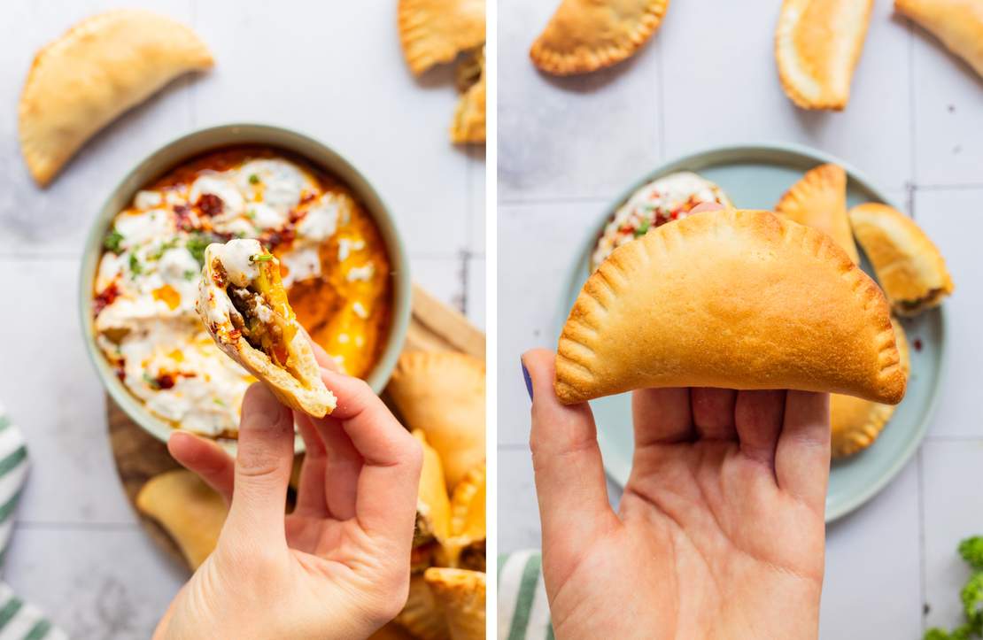 Baked pierogi with vegan mince filling and dip 