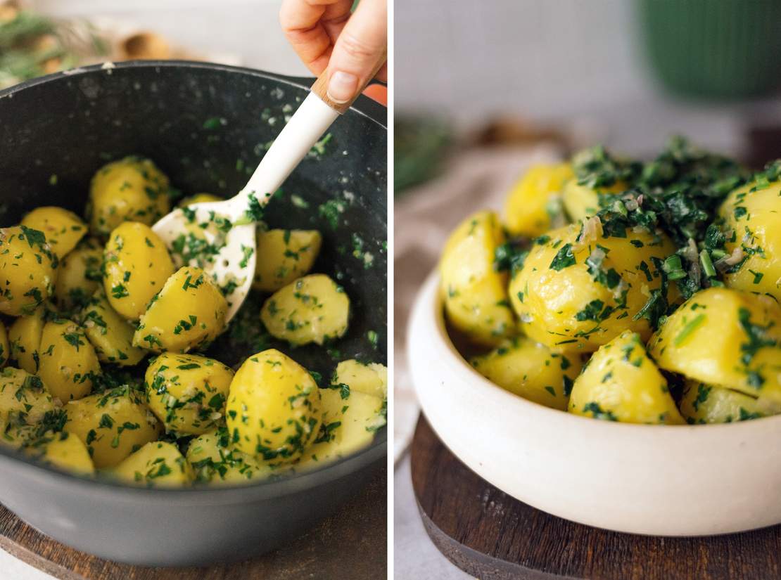 R852 Veganer Braten mit Kräuterkruste, Petersilienkartoffeln und Zwiebel-Soße