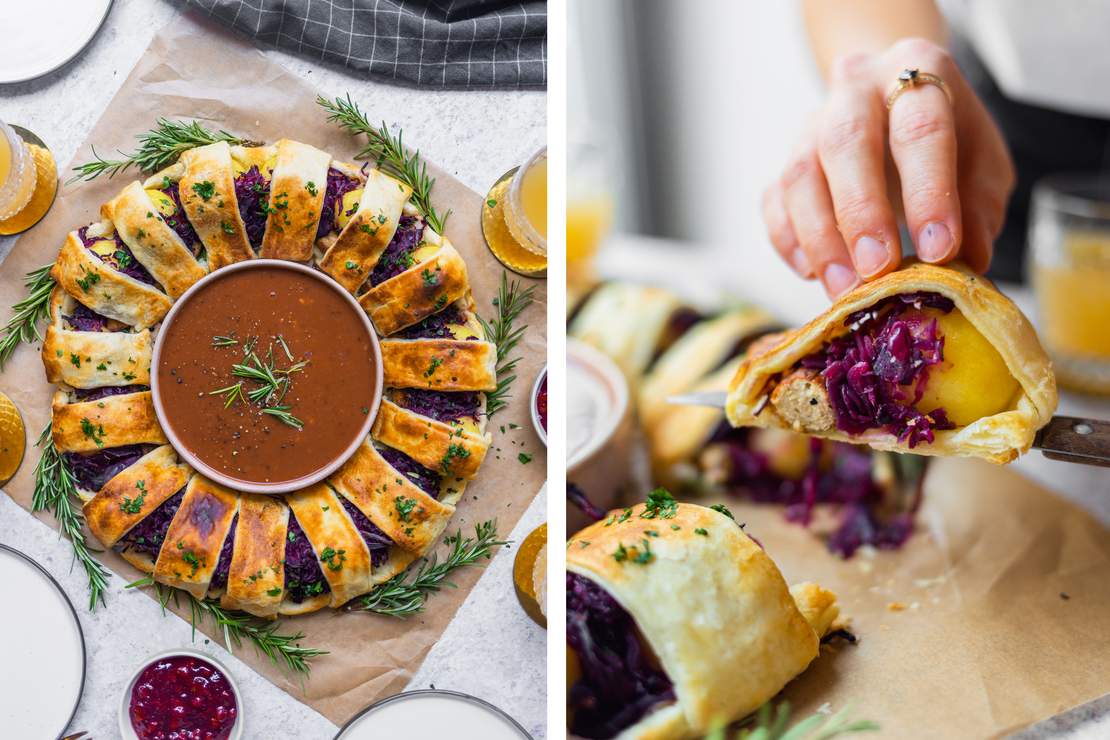 R698 Vegan Puff Pastry Wreath with Dumplings, Red Cabbage & Sausages