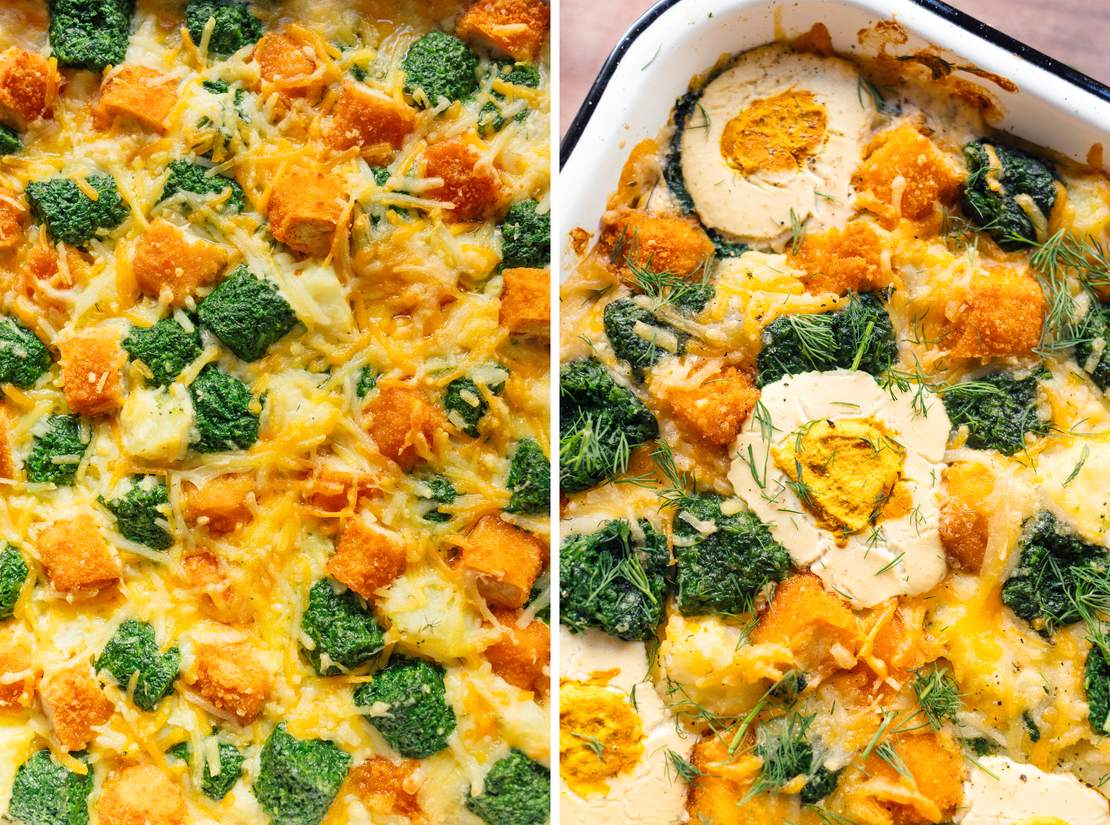 R889 Vegan potato bake with spinach, plant-based fish fingers and "egg"