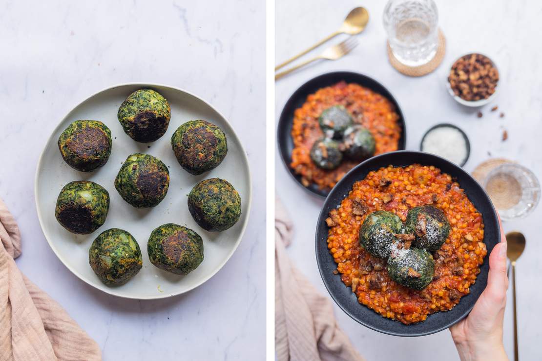 R689 Vegan Spinach Dumplings with Tomato-Lentil Sauce