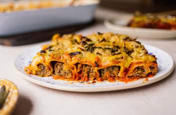Cannelloni with Vegan Mince Filling and Cheese and Leek Topping