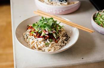 Vegan Sesame Udon Noodles with Spicy Soy Mince