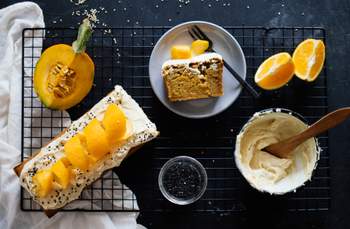 Vegan pumpkin cake with tahini orange frosting