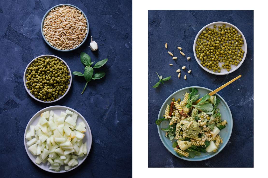 R43 Vegan Pasta salad with pea pesto & honeydew melon