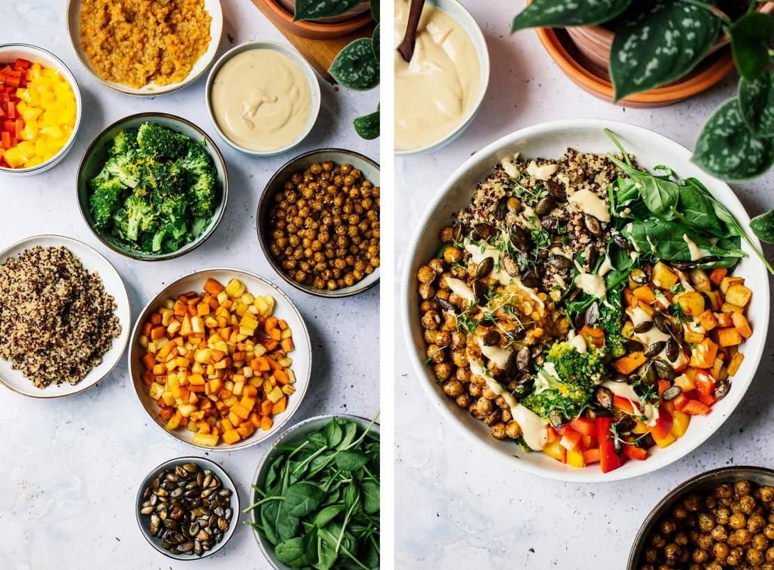 R608 Veggie Bowl with Quinoa, Lentils, Sesame Dressing, and Crispy Chickpeas