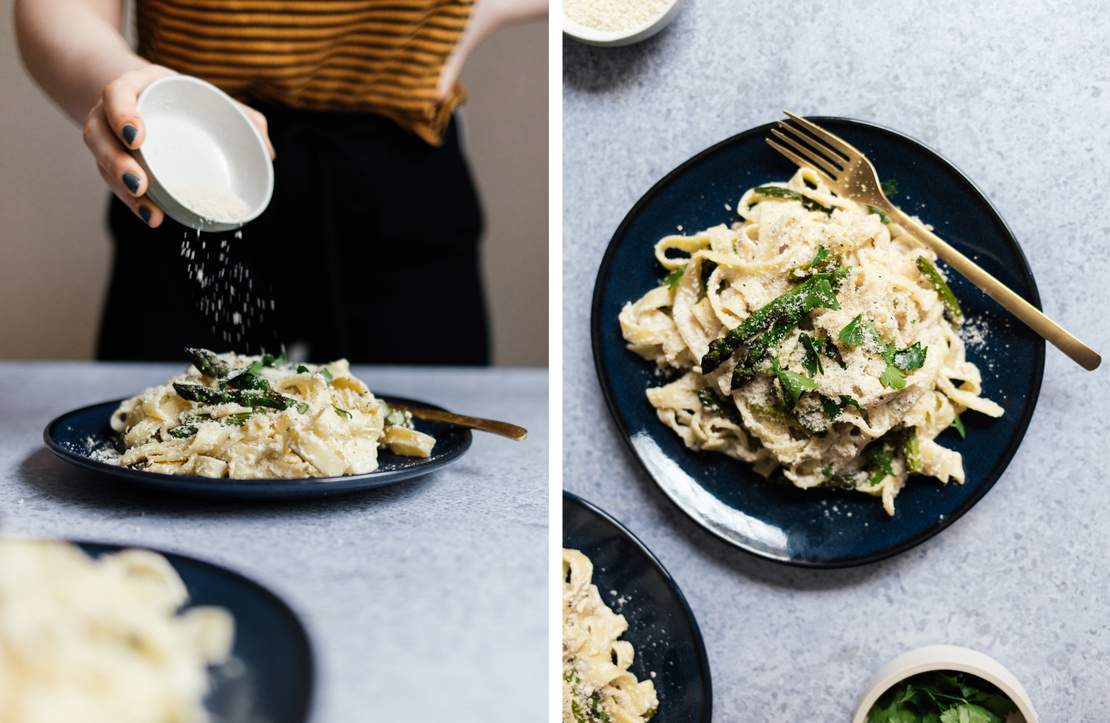 R379 Schnelle Pasta mit veganem Ricotta & Spargel