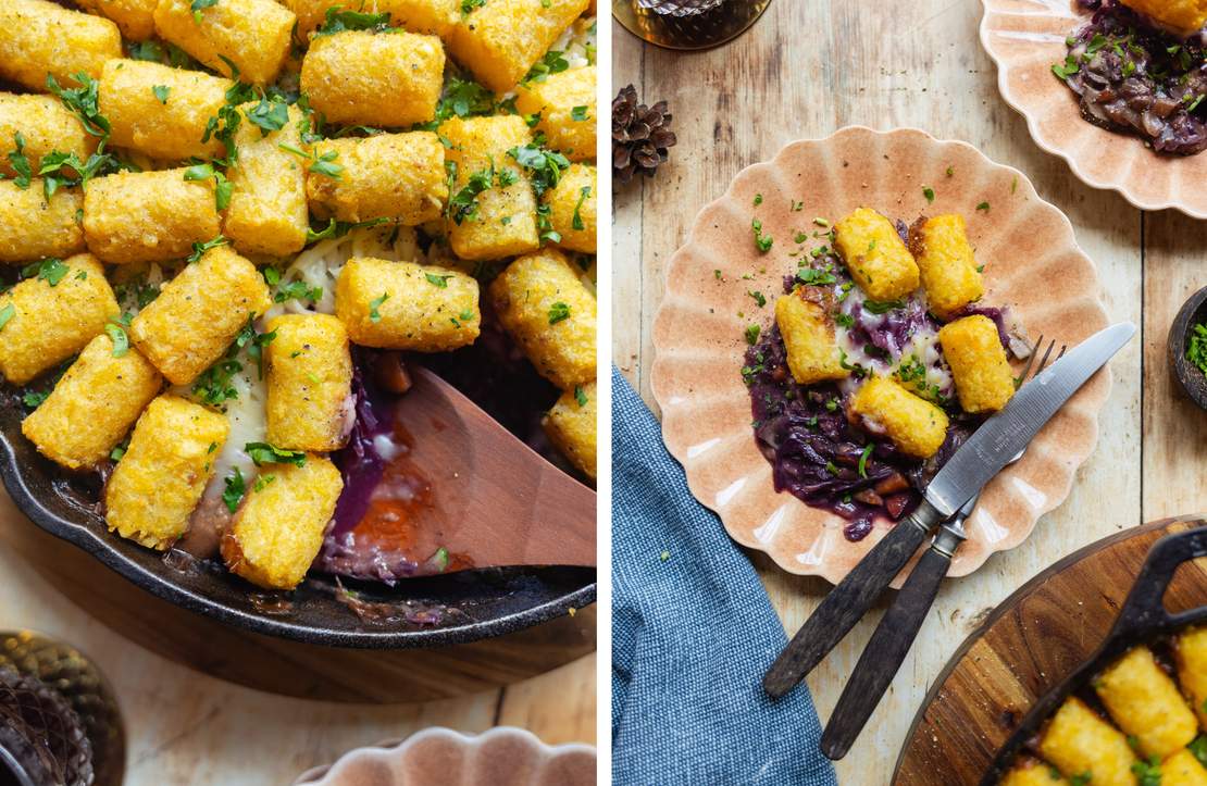 R938 Weihnachtlicher Kroketten-Auflauf mit Rotkraut und Pilzsoße