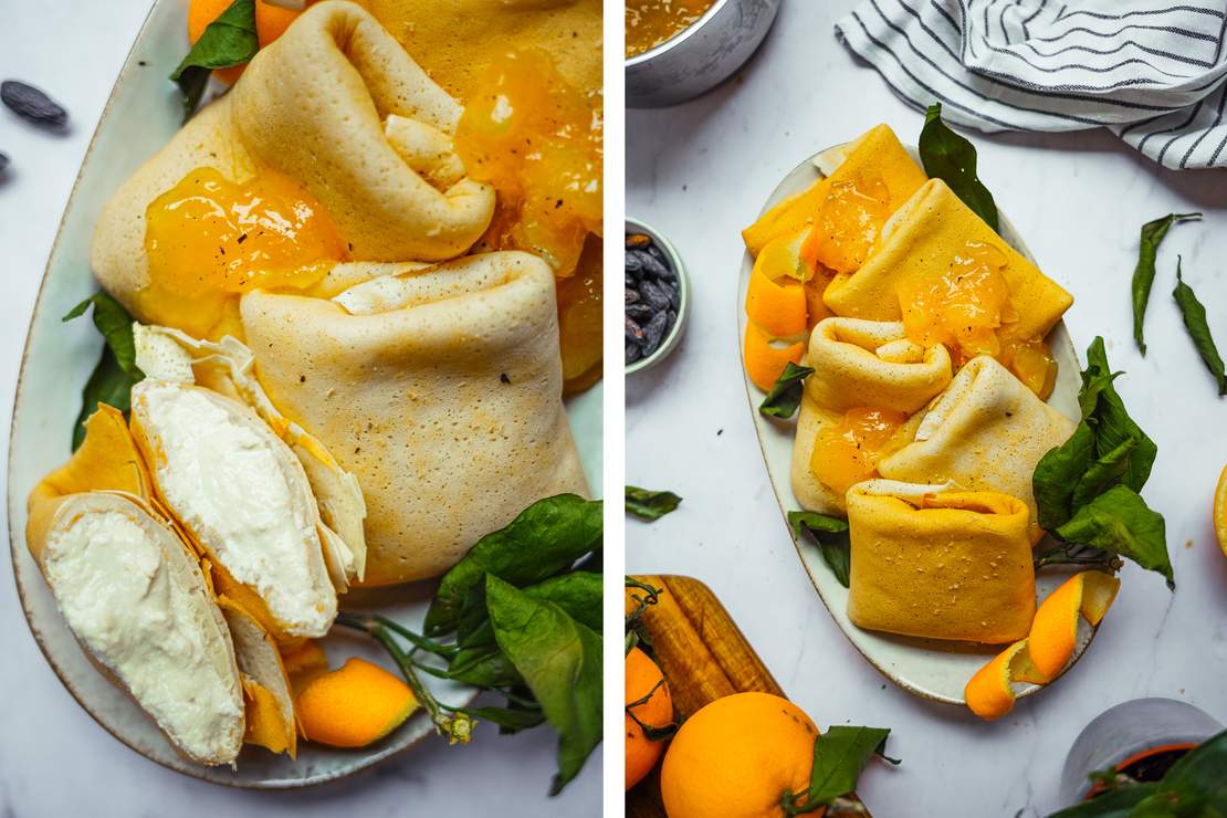 R706 Gefüllte Crêpes mit Tofu-Füllung & Orangen-Marmelade