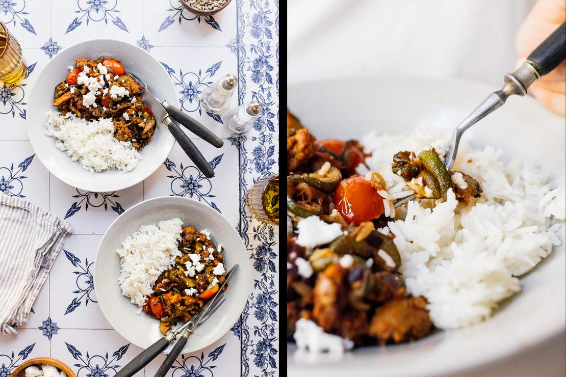 R920 Vegan Zucchini Beef Skillet with Rice & Feta