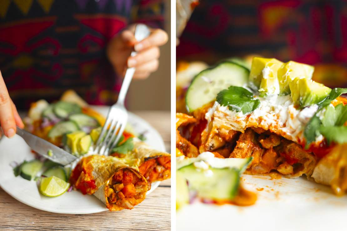 R886 Vegane Enchiladas mit Süßkartoffel-„Hähnchen“-Füllung 