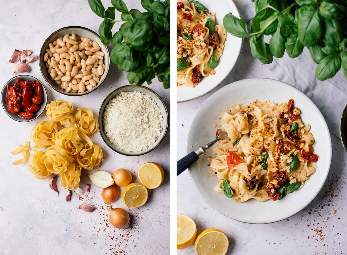 R605 Pasta mit cremiger Soße aus weißen Bohnen und knusprigem Panko-Topping