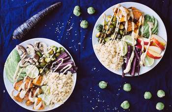 Vegan Couscous Bowl with Brussels Sprouts & Tahin Dressing